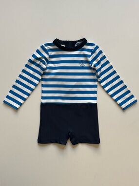 Jacadi Baby Boy UV-Protection Swimsuit - White/Blue Stripes - Size 24M